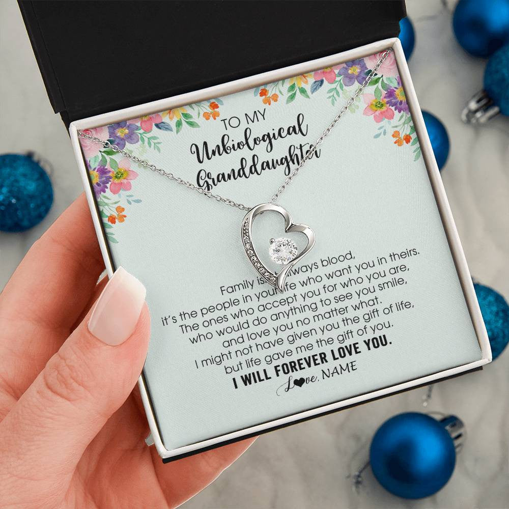 Forever Love Necklace 14K White Gold Finish | 2 | Personalized To My Unbiological Granddaughter Necklace Family Isn't Always Blood Bonus Granddaughter Birthday Gifts Christmas Customized Gift Box Message Card | teecentury