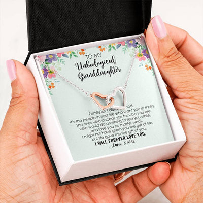 Interlocking Hearts Necklace Stainless Steel & Rose Gold Finish | 2 | Personalized To My Unbiological Granddaughter Necklace Family Isn't Always Blood Bonus Granddaughter Birthday Gifts Christmas Customized Gift Box Message Card | teecentury