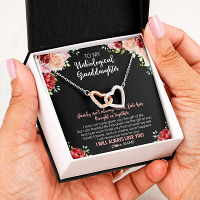 Interlocking Hearts Necklace Stainless Steel & Rose Gold Finish | 2 | Personalized To My Unbiological Granddaughter Necklace Family Together Birthday Gifts For Bonus Granddaughter Christmas Customized Gift Box Message Card | teecentury