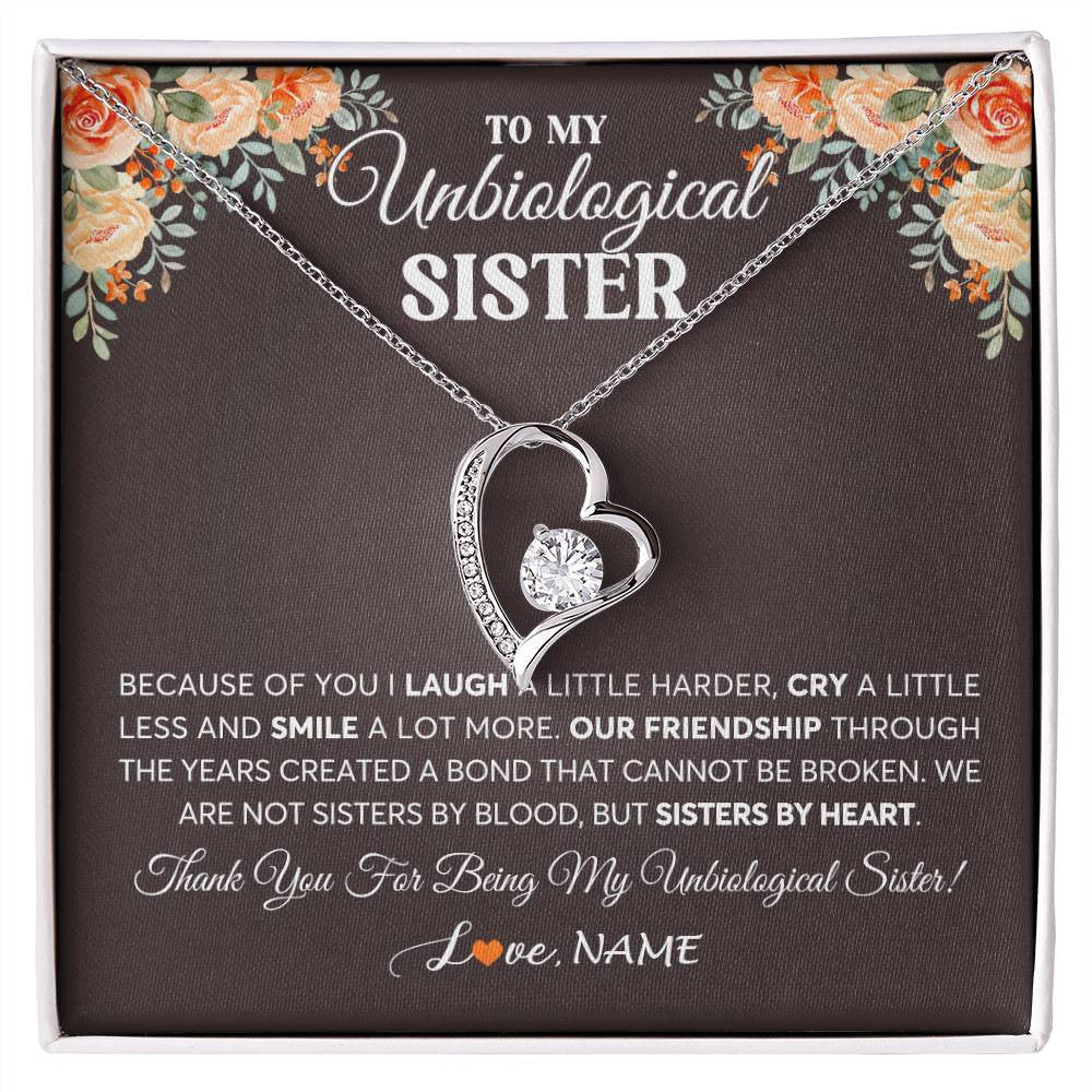 Forever Love Necklace 14K White Gold Finish | 1 | Personalized To My Unbiological Sister Necklace From Sister By Heart Sister Friendship Best Friend Birthday Christmas Customized Gift Box Message Card | teecentury