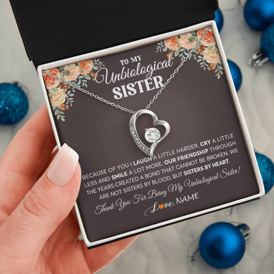 Forever Love Necklace 14K White Gold Finish | 2 | Personalized To My Unbiological Sister Necklace From Sister By Heart Sister Friendship Best Friend Birthday Christmas Customized Gift Box Message Card | teecentury
