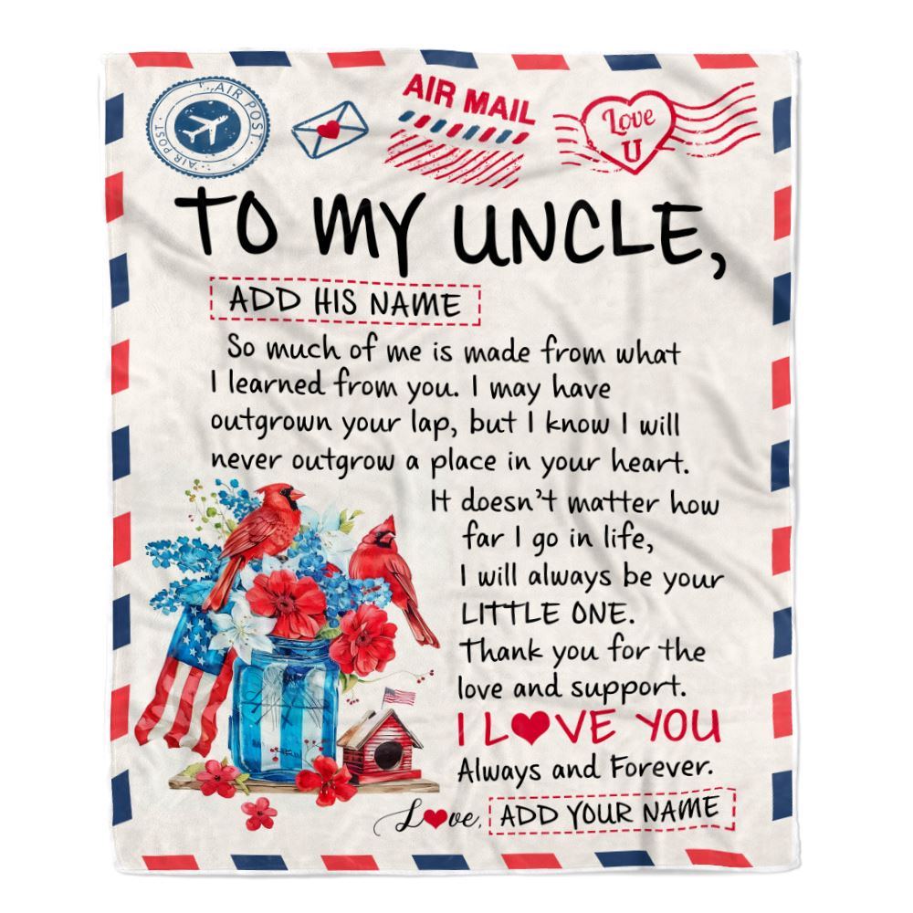 Personalized To My Uncle Gifts Blanket From Niece Nephew Cardinal Letter Air Mail Letter Birthday Gifts For Uncle Fathers Day Christmas Uncle Fleece Throw Blanket | teecentury