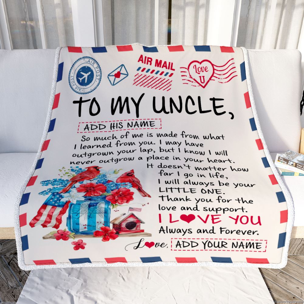 Personalized To My Uncle Gifts Blanket From Niece Nephew Cardinal Letter Air Mail Letter Birthday Gifts For Uncle Fathers Day Christmas Uncle Fleece Throw Blanket | teecentury