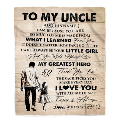 Personalized To My Uncle Gifts Blanket From Niece Thank You My Hero Uncle Birthday Gift Fathers Day Thanksgiving Christmas Customized Fleece Throw Blanket | teecentury