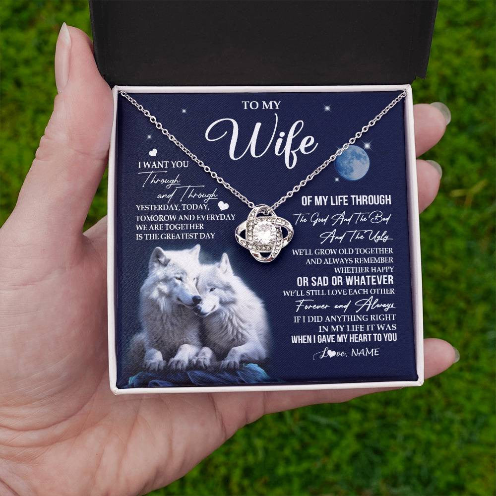 Custom 'To My Wife' Necklace - Love Knot Pendant With CZ - 14k White Gold Over Stainless Steel - Handmade In USA
