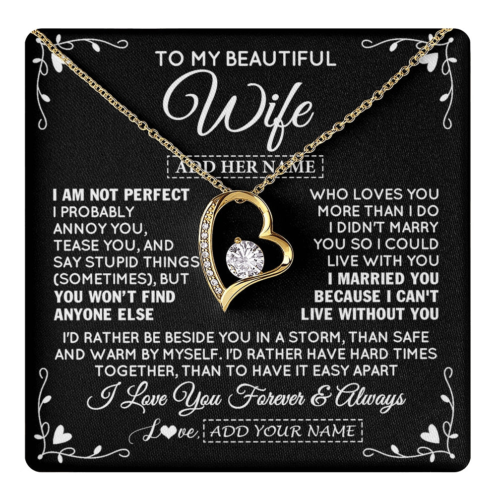 Forever Love Necklace 18K Yellow Gold Finish | 1 | Personalized To My Wife Gifts Necklace From Husband I Am Not Perfect Necklace For Wife Anniversary Birthday Gifts From Husband Jewelry Gift Box Message Card | https://teecentury.