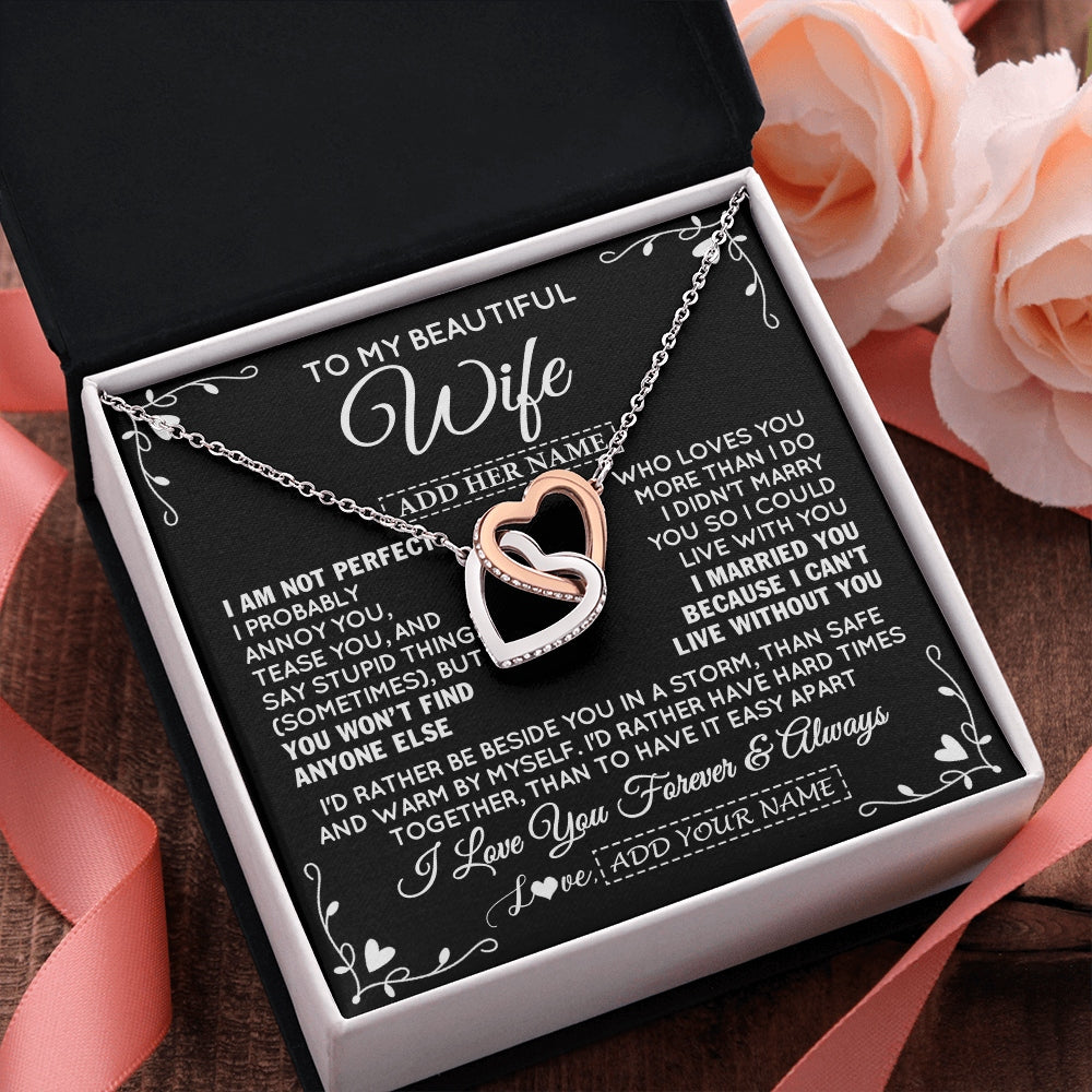 Interlocking Hearts Necklace Stainless Steel & Rose Gold Finish | 2 | Personalized To My Wife Gifts Necklace From Husband I Am Not Perfect Necklace For Wife Anniversary Birthday Gifts From Husband Jewelry Gift Box Message Card | https://teecentury.