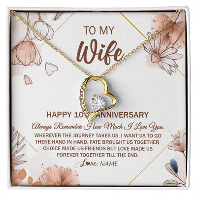 Forever Love Necklace 18K Yellow Gold Finish | Personalized To My Wife Necklace From Husband 10 Years Anniversary For Her 10th Anniversary 10 Years Wedding Anniversary For Her Customized Gift Box Message Card | teecentury