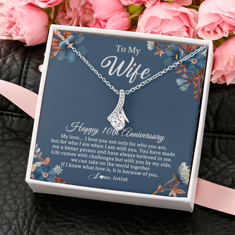 Alluring Beauty Necklace 14K White Gold Finish | 2 | Personalized To My Wife Necklace From Husband 10 Years Wedding Anniversary For Her 10th Anniversary For Her 10 Years Anniversary Customized Gift Box Message Card | teecentury