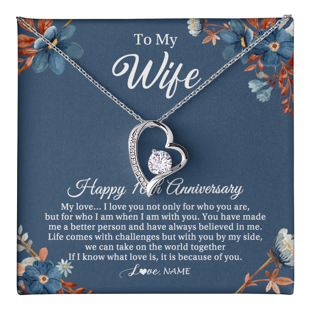 Forever Love Necklace 14K White Gold Finish | 1 | Personalized To My Wife Necklace From Husband 10 Years Wedding Anniversary For Her 10th Anniversary For Her 10 Years Anniversary Customized Gift Box Message Card | teecentury