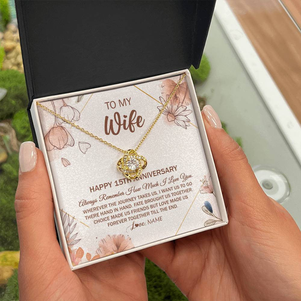 Love Knot Necklace 18K Yellow Gold Finish | Personalized To My Wife Necklace From Husband 15 Years Anniversary For Her 15th Anniversary 15 Years Wedding Anniversary For Her Customized Gift Box Message Card | teecentury
