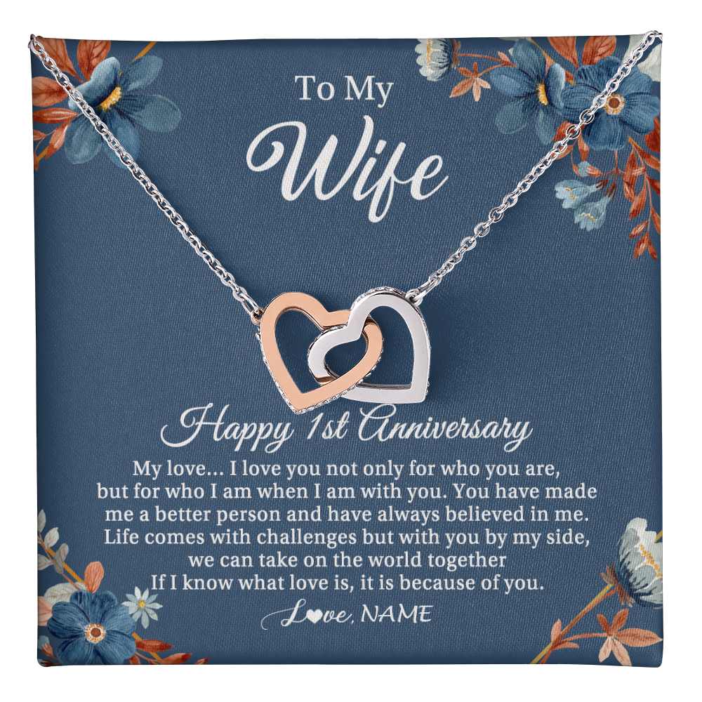 Interlocking Hearts Necklace Stainless Steel & Rose Gold Finish | 1 | Personalized To My Wife Necklace From Husband 1 Year Wedding Anniversary For Her 1st Anniversary For Her 1 Years Anniversary Customized Gift Box Message Card | teecentury