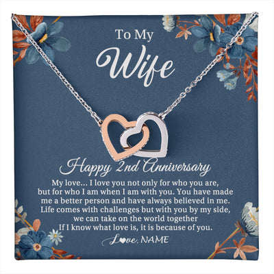 Interlocking Hearts Necklace Stainless Steel & Rose Gold Finish | 1 | Personalized To My Wife Necklace From Husband 2 Years Wedding Anniversary For Her 2nd Anniversary For Her 2 Years Anniversary Customized Gift Box Message Card | teecentury