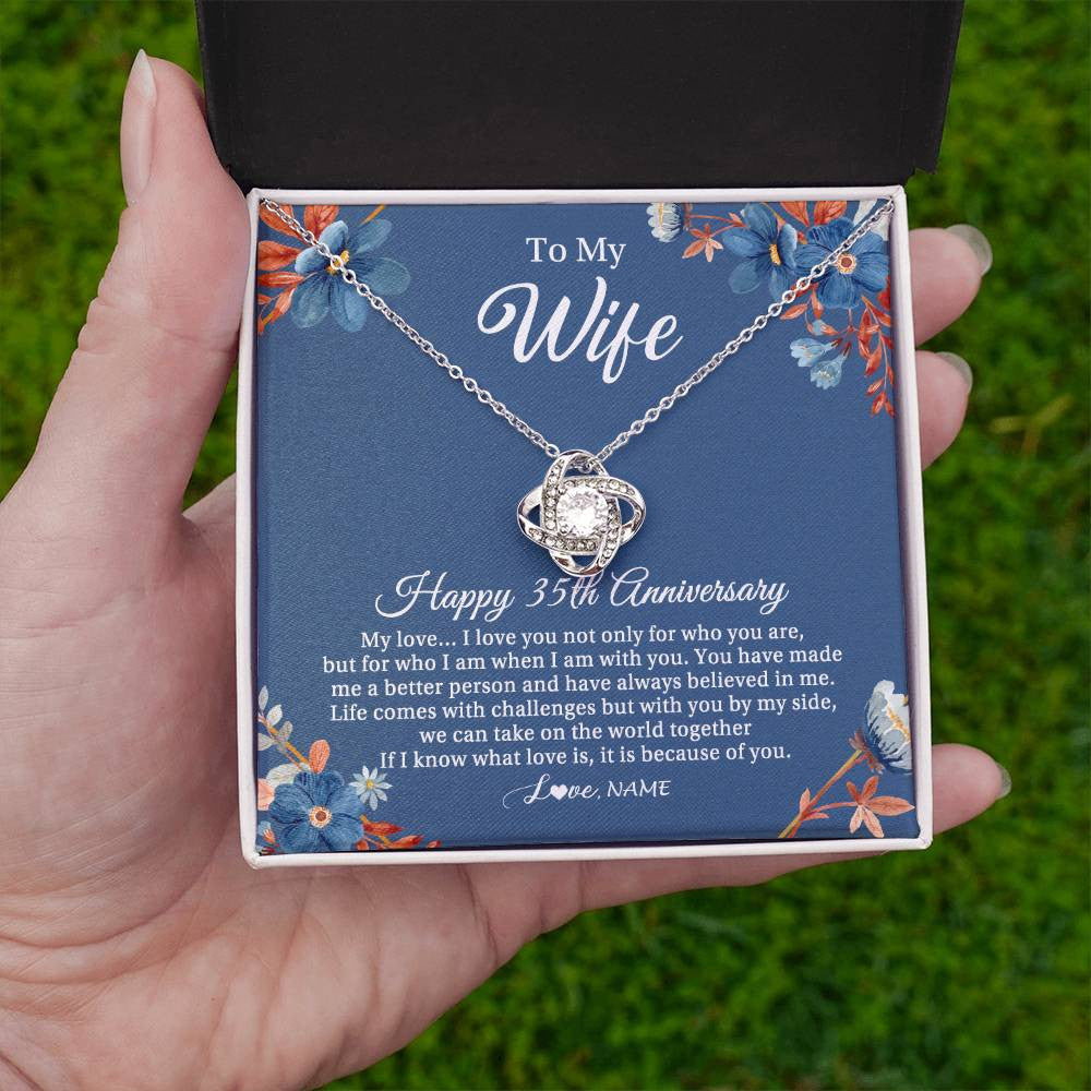 Love Knot Necklace 14K White Gold Finish | 2 | Personalized To My Wife Necklace From Husband 35 Years Wedding Anniversary For Her 35th Anniversary For Her 35 Years Anniversary Customized Gift Box Message Card | teecentury