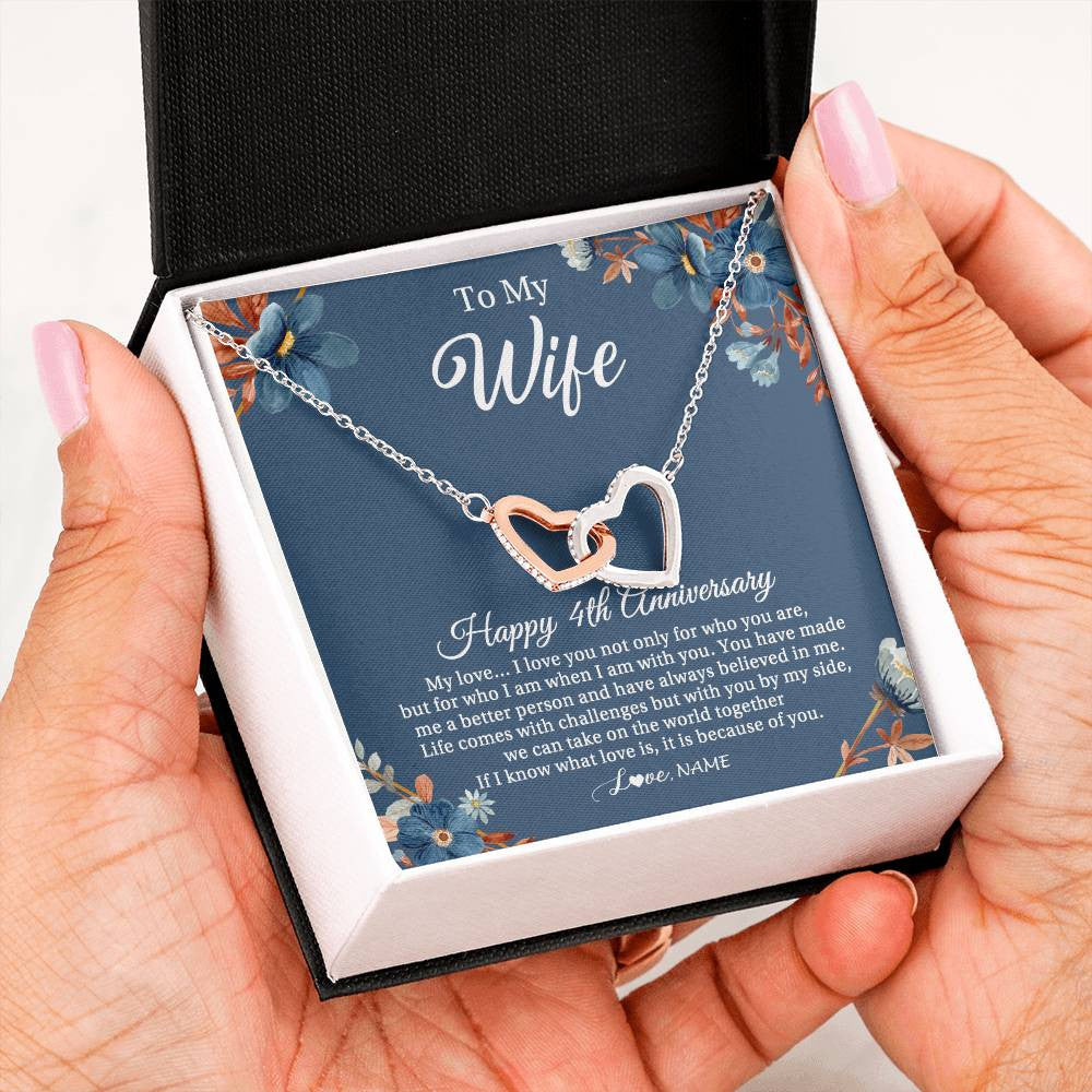 Interlocking Hearts Necklace Stainless Steel & Rose Gold Finish | 2 | Personalized To My Wife Necklace From Husband 4 Years Wedding Anniversary For Her 4th Anniversary For Her 4 Years Anniversary Customized Gift Box Message Card | teecentury