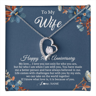 Forever Love Necklace 14K White Gold Finish | 1 | Personalized To My Wife Necklace From Husband 50 Years Wedding Anniversary For Her 50th Anniversary For Her 50 Years Anniversary Customized Gift Box Message Card | teecentury