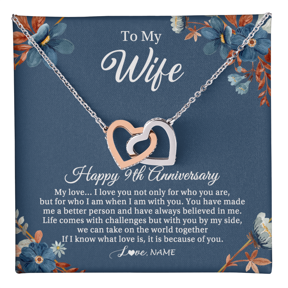 Interlocking Hearts Necklace Stainless Steel & Rose Gold Finish | 1 | Personalized To My Wife Necklace From Husband 9 Years Wedding Anniversary For Her 9th Anniversary For Her 9 Years Anniversary Customized Gift Box Message Card | teecentury