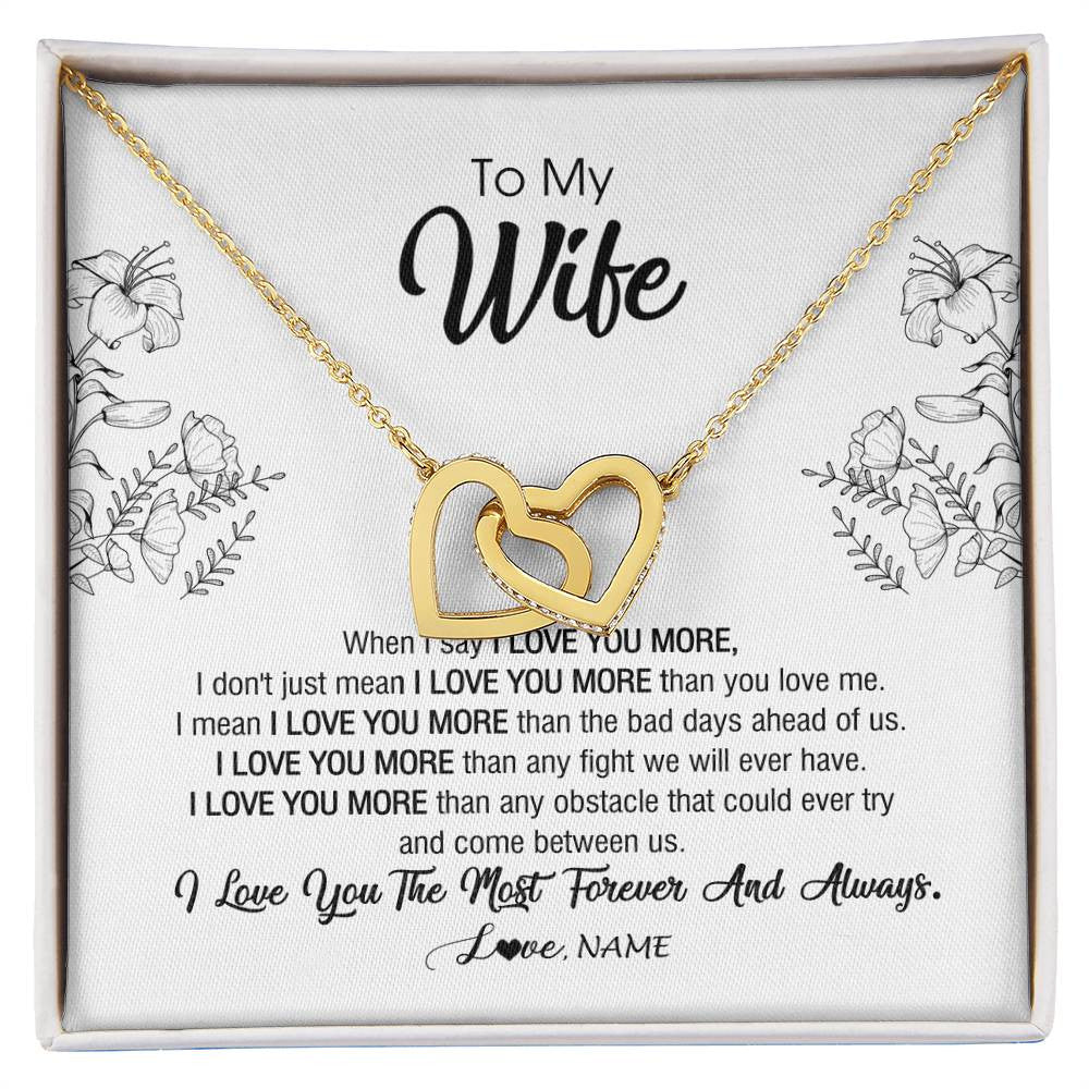 Interlocking Hearts Necklace 18K Yellow Gold Finish | Personalized To My Wife Necklace From Husband I Love You More Wife Birthday Anniversary Wedding Valentines Day Christmas Customized Message Card | teecentury