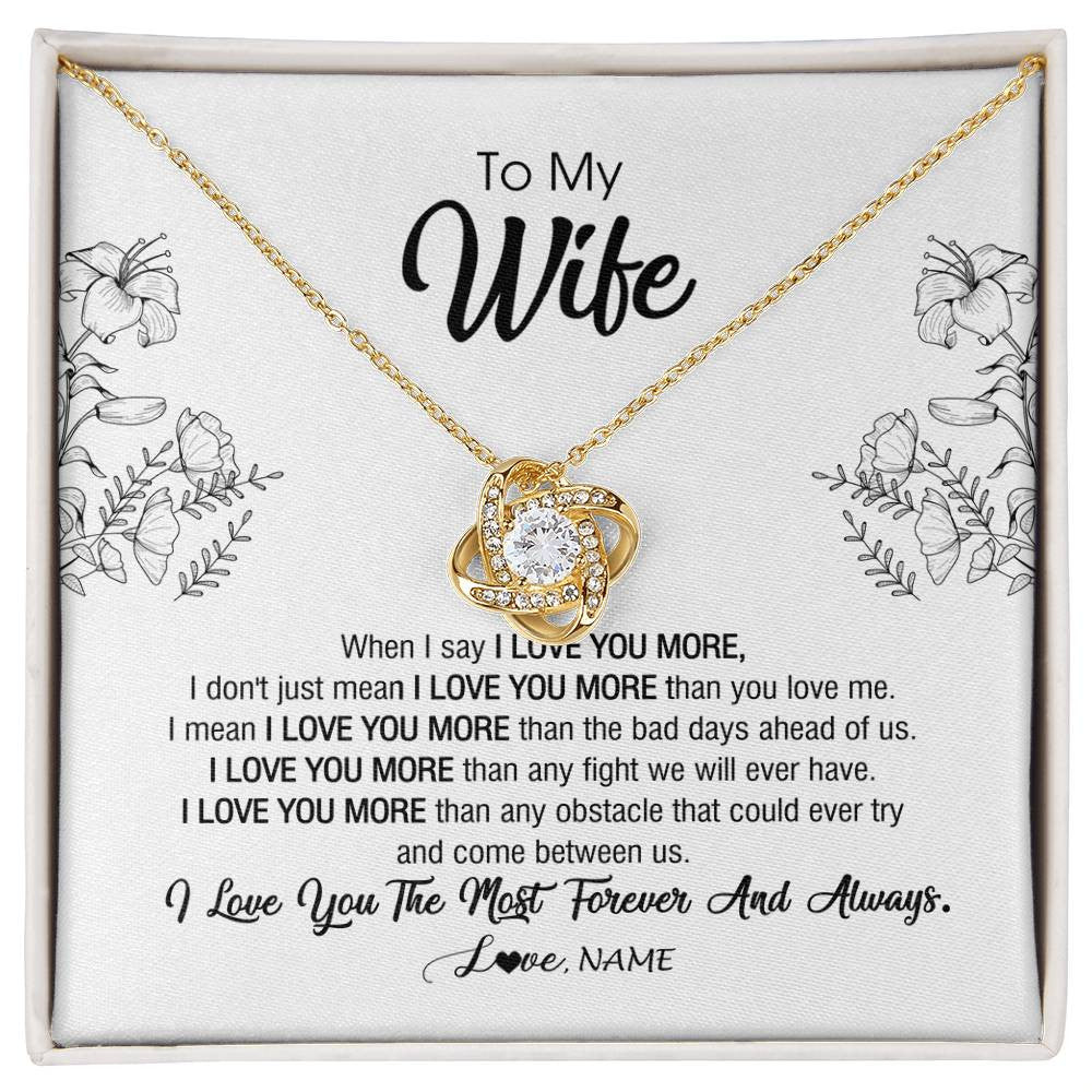 Love Knot Necklace 18K Yellow Gold Finish | Personalized To My Wife Necklace From Husband I Love You More Wife Birthday Anniversary Wedding Valentines Day Christmas Customized Message Card | teecentury