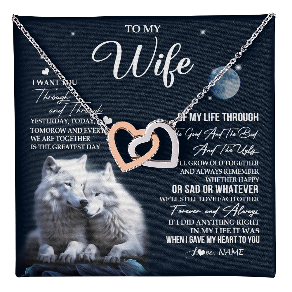 Interlocking Hearts Necklace Stainless Steel & Rose Gold Finish | 1 | Personalized To My Wife Necklace From Husband I Want You Wolf Wife Birthday Anniversary Romantic Valentines Day Christmas Customized Gift Box Message Card | teecentury