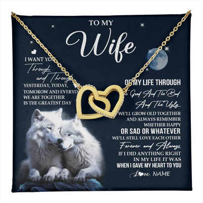 Interlocking Hearts Necklace 18K Yellow Gold Finish | 1 | Personalized To My Wife Necklace From Husband I Want You Wolf Wife Birthday Anniversary Romantic Valentines Day Christmas Customized Gift Box Message Card | teecentury