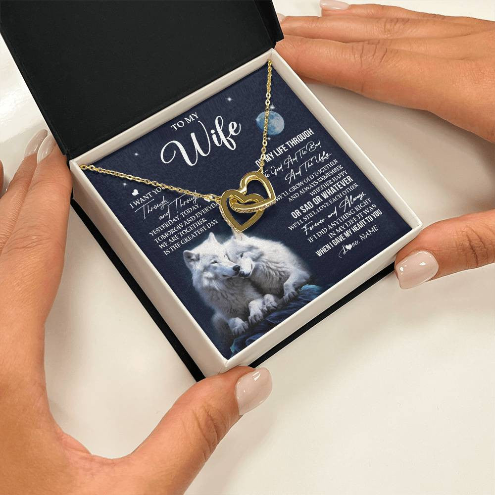 Interlocking Hearts Necklace 18K Yellow Gold Finish | 2 | Personalized To My Wife Necklace From Husband I Want You Wolf Wife Birthday Anniversary Romantic Valentines Day Christmas Customized Gift Box Message Card | teecentury