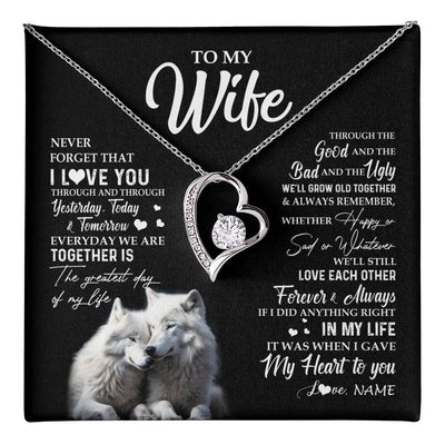 Forever Love Necklace 14K White Gold Finish | 1 | Personalized To My Wife Necklace From Husband Wolf Never Forget That I Love You Wife Wedding Anniversary Birthday Christmas Customized Gift Box Message Card | teecentury