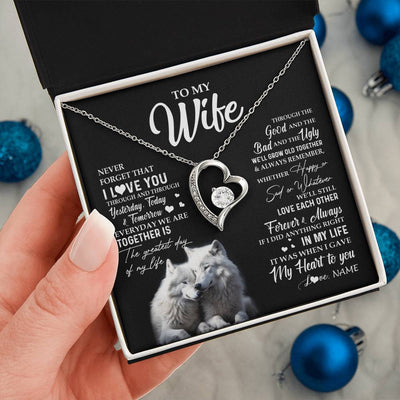Forever Love Necklace 14K White Gold Finish | 2 | Personalized To My Wife Necklace From Husband Wolf Never Forget That I Love You Wife Wedding Anniversary Birthday Christmas Customized Gift Box Message Card | teecentury
