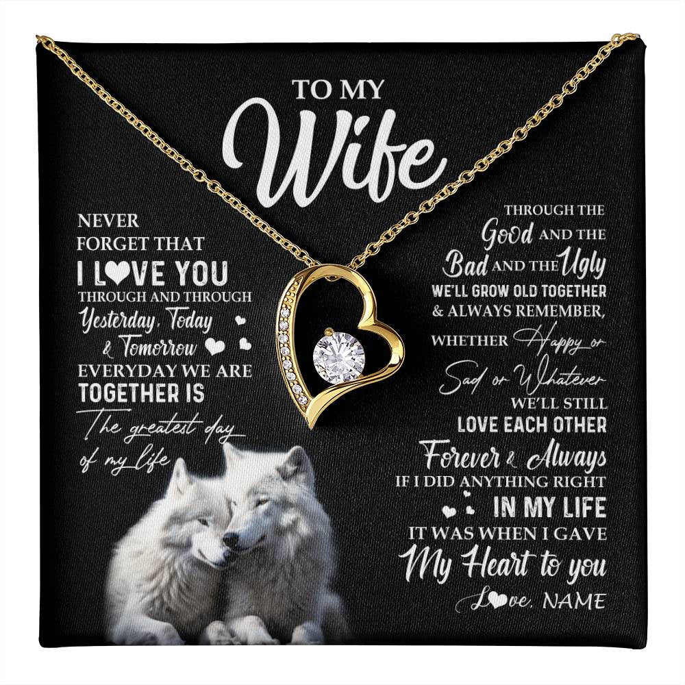 Forever Love Necklace 18K Yellow Gold Finish | 1 | Personalized To My Wife Necklace From Husband Wolf Never Forget That I Love You Wife Wedding Anniversary Birthday Christmas Customized Gift Box Message Card | teecentury