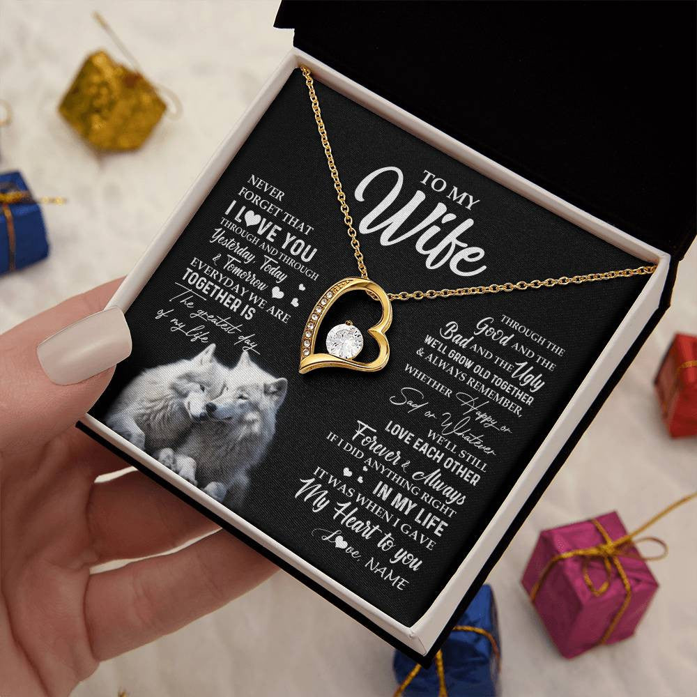Forever Love Necklace 18K Yellow Gold Finish | 2 | Personalized To My Wife Necklace From Husband Wolf Never Forget That I Love You Wife Wedding Anniversary Birthday Christmas Customized Gift Box Message Card | teecentury