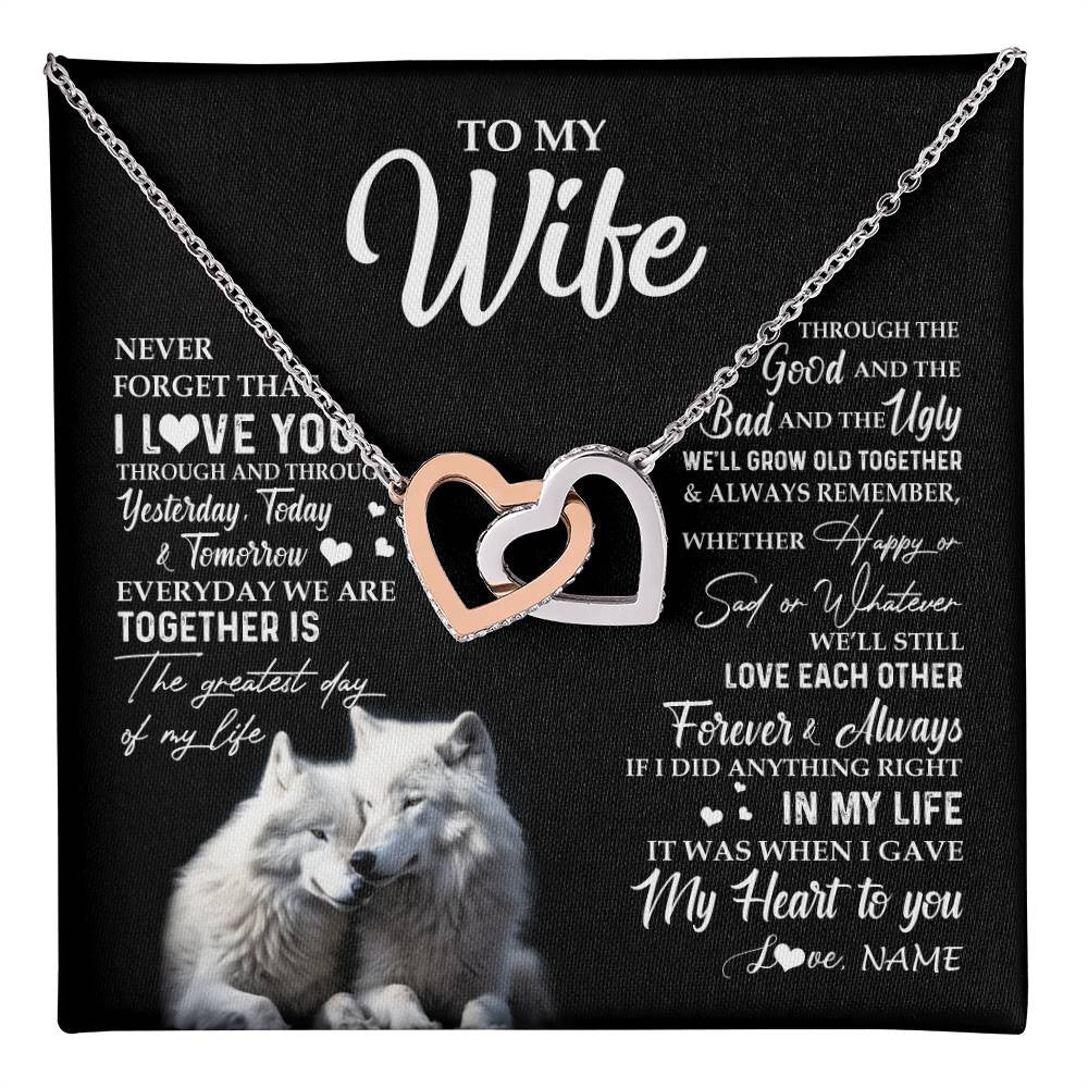 Interlocking Hearts Necklace Stainless Steel & Rose Gold Finish | 1 | Personalized To My Wife Necklace From Husband Wolf Never Forget That I Love You Wife Wedding Anniversary Birthday Christmas Customized Gift Box Message Card | teecentury