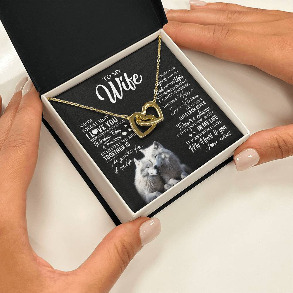 Interlocking Hearts Necklace 18K Yellow Gold Finish | 2 | Personalized To My Wife Necklace From Husband Wolf Never Forget That I Love You Wife Wedding Anniversary Birthday Christmas Customized Gift Box Message Card | teecentury