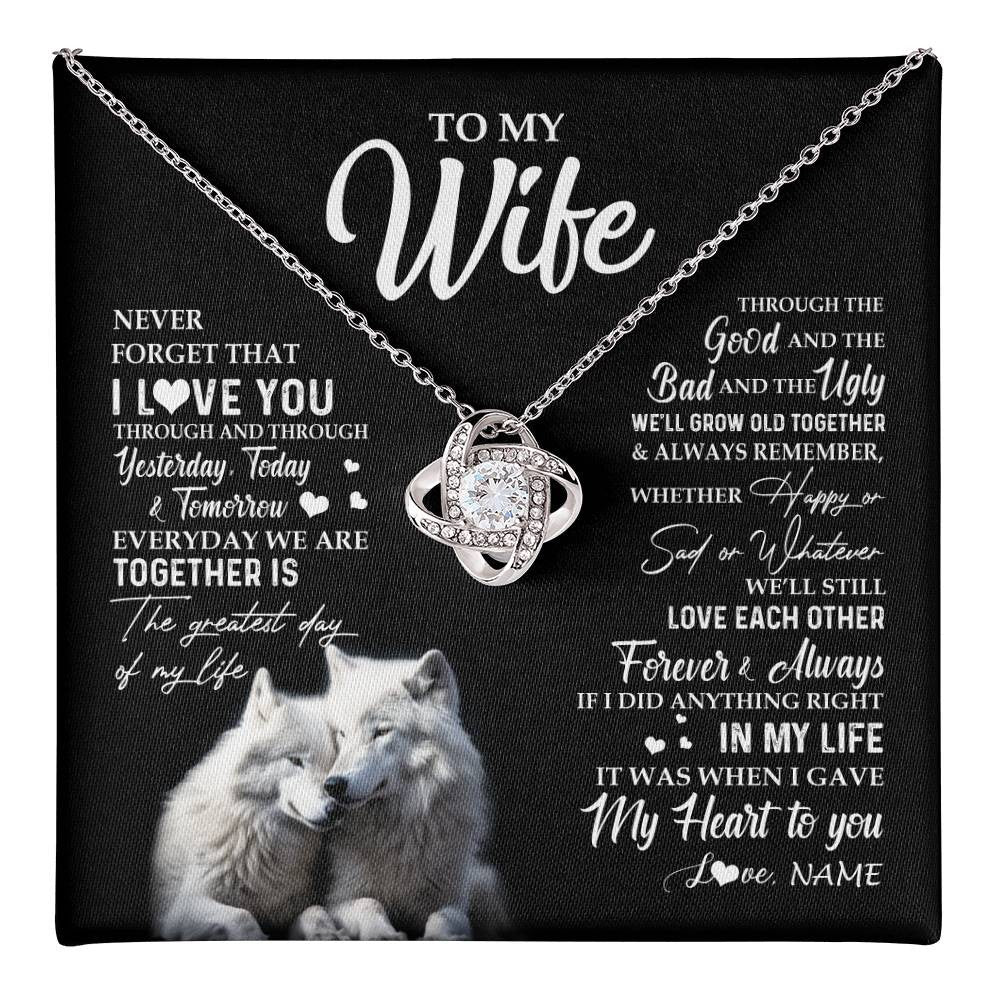 Love Knot Necklace 14K White Gold Finish | 1 | Personalized To My Wife Necklace From Husband Wolf Never Forget That I Love You Wife Wedding Anniversary Birthday Christmas Customized Gift Box Message Card | teecentury