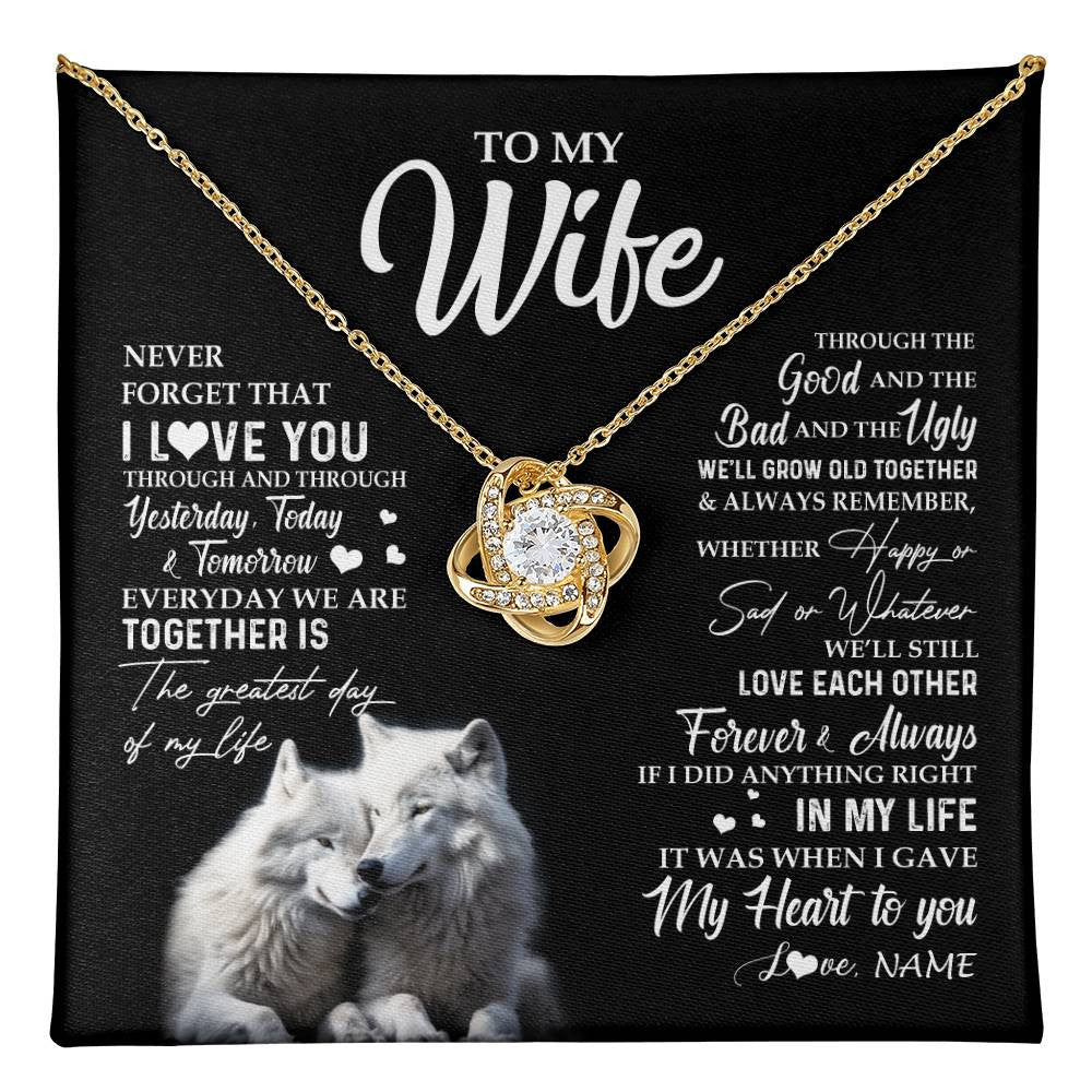 Love Knot Necklace 18K Yellow Gold Finish | 1 | Personalized To My Wife Necklace From Husband Wolf Never Forget That I Love You Wife Wedding Anniversary Birthday Christmas Customized Gift Box Message Card | teecentury