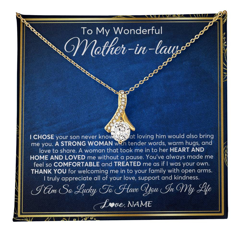 Alluring Beauty Necklace 18K Yellow Gold Finish | 1 | Personalized To My Wonderful Mother In Law Necklace From Daughter In Law A Strong Women Mother Birthday Mothers Day Christmas Customized Gift Box Message Card | teecentury