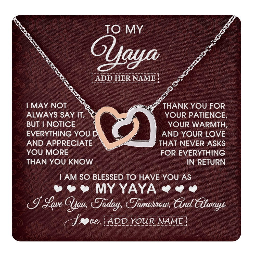 Interlocking Hearts Necklace Stainless Steel & Rose Gold Finish | 1 | Personalized To My Yaya Gifts From Granddaughter Necklace Meaningful Jewelry Pendant Gifts For Yaya Mothers Day Birthday Christmas Custom Gift Box Message Card | https://teecentury.