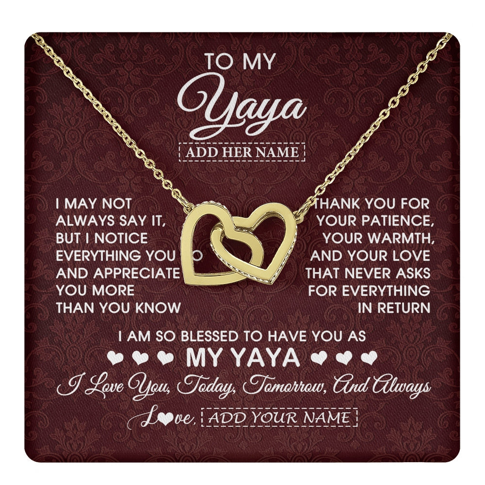 Interlocking Hearts Necklace 18K Yellow Gold Finish | 1 | Personalized To My Yaya Gifts From Granddaughter Necklace Meaningful Jewelry Pendant Gifts For Yaya Mothers Day Birthday Christmas Custom Gift Box Message Card | https://teecentury.