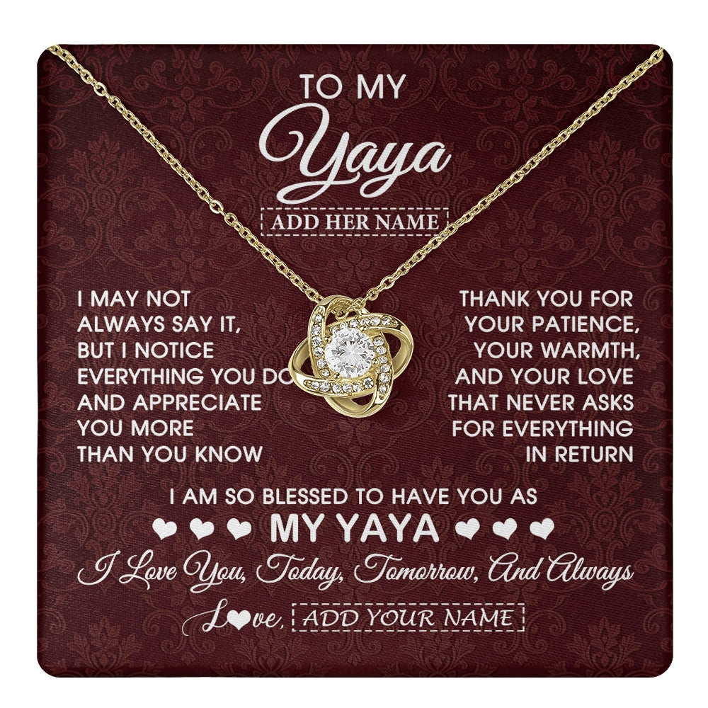 Love Knot Necklace 18K Yellow Gold Finish | 1 | Personalized To My Yaya Gifts From Granddaughter Necklace Meaningful Jewelry Pendant Gifts For Yaya Mothers Day Birthday Christmas Custom Gift Box Message Card | https://teecentury.
