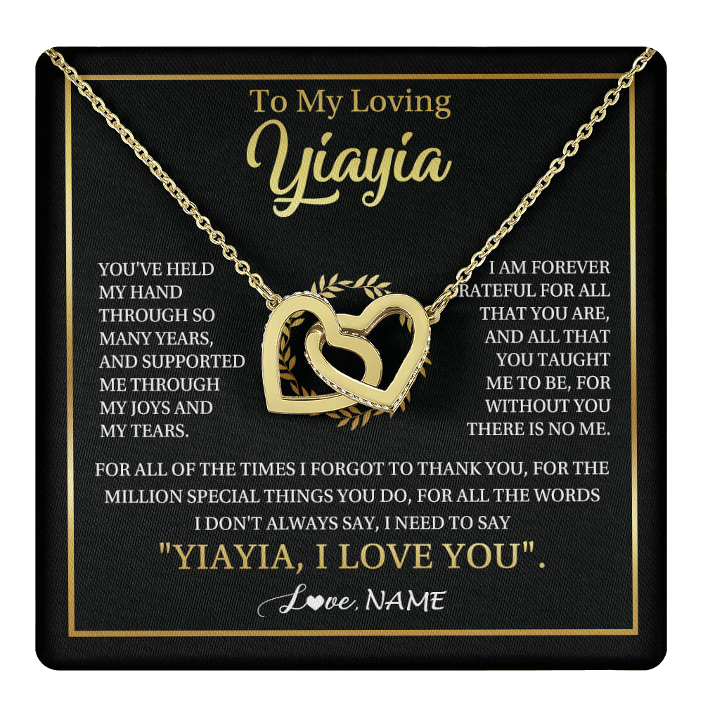 Interlocking Hearts Necklace 18K Yellow Gold Finish | 1 | Personalized To My Yiayia Gifts Necklace From Granddaughter Grandson Grateful Thank You Yiayia Birthday Mothers Day Christmas Customized Gift Box Message Card | teecentury