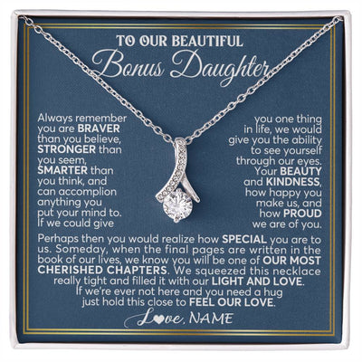 Alluring Beauty Necklace 14K White Gold Finish | 1 | Personalized To Our Beautiful Bonus Daughter Necklace From Stepmom Stepdad Always Remember Stepdaughter Birthday Christmas Customized Gift Box Message Card | teecentury