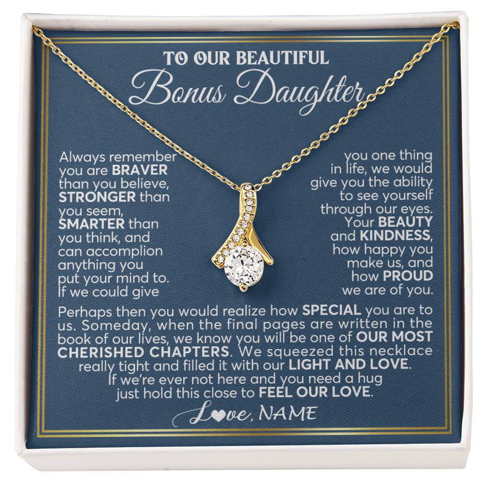 Alluring Beauty Necklace 18K Yellow Gold Finish | 1 | Personalized To Our Beautiful Bonus Daughter Necklace From Stepmom Stepdad Always Remember Stepdaughter Birthday Christmas Customized Gift Box Message Card | teecentury