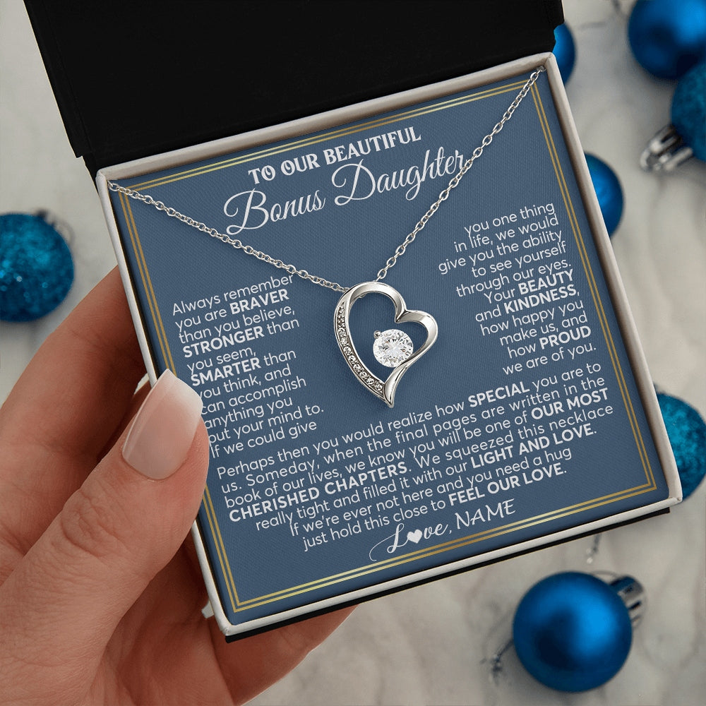 Forever Love Necklace 14K White Gold Finish | 2 | Personalized To Our Beautiful Bonus Daughter Necklace From Stepmom Stepdad Always Remember Stepdaughter Birthday Christmas Customized Gift Box Message Card | https://teecentury.