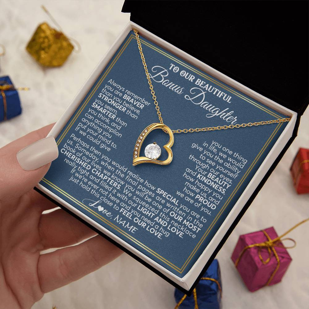 Forever Love Necklace 18K Yellow Gold Finish | 2 | Personalized To Our Beautiful Bonus Daughter Necklace From Stepmom Stepdad Always Remember Stepdaughter Birthday Christmas Customized Gift Box Message Card | teecentury