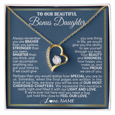 Forever Love Necklace 18K Yellow Gold Finish | 1 | Personalized To Our Beautiful Bonus Daughter Necklace From Stepmom Stepdad Always Remember Stepdaughter Birthday Christmas Customized Gift Box Message Card | teecentury
