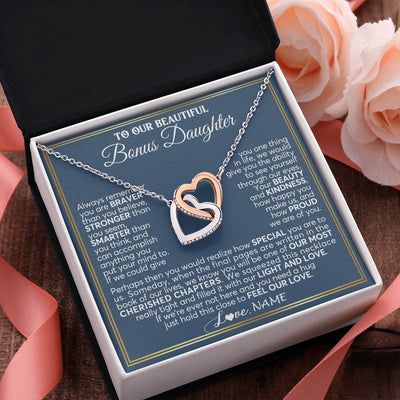 Interlocking Hearts Necklace Stainless Steel & Rose Gold Finish | 2 | Personalized To Our Beautiful Bonus Daughter Necklace From Stepmom Stepdad Always Remember Stepdaughter Birthday Christmas Customized Gift Box Message Card | https://teecentury.