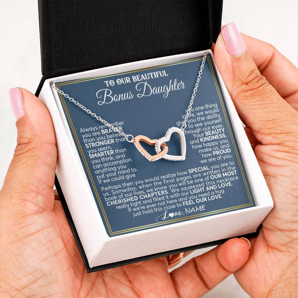 Interlocking Hearts Necklace Stainless Steel & Rose Gold Finish | 2 | Personalized To Our Beautiful Bonus Daughter Necklace From Stepmom Stepdad Always Remember Stepdaughter Birthday Christmas Customized Gift Box Message Card | teecentury