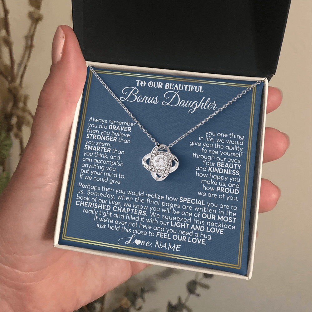 Love Knot Necklace 14K White Gold Finish | 2 | Personalized To Our Beautiful Bonus Daughter Necklace From Stepmom Stepdad Always Remember Stepdaughter Birthday Christmas Customized Gift Box Message Card | https://teecentury.