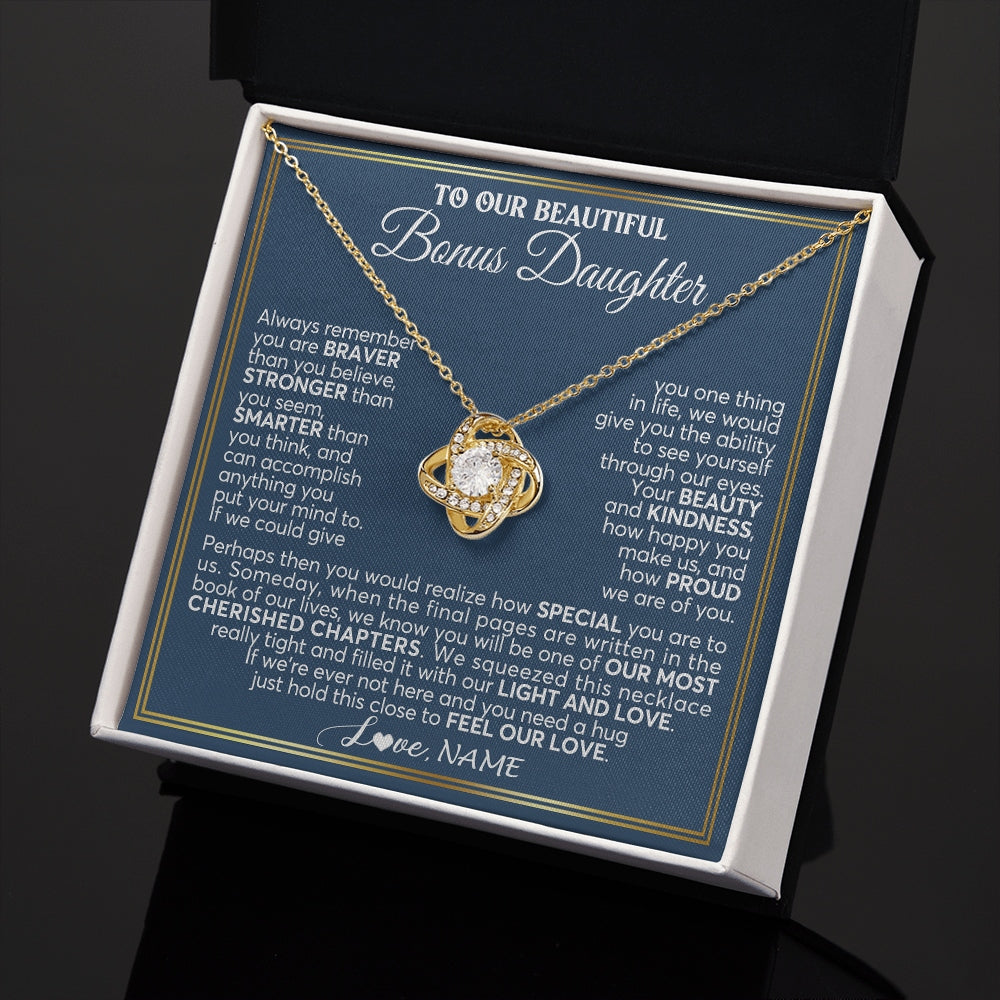 Love Knot Necklace 18K Yellow Gold Finish | 2 | Personalized To Our Beautiful Bonus Daughter Necklace From Stepmom Stepdad Always Remember Stepdaughter Birthday Christmas Customized Gift Box Message Card | https://teecentury.
