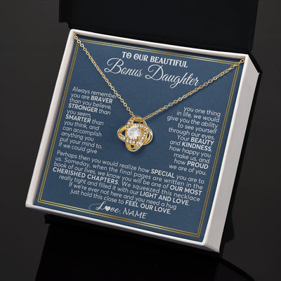 Love Knot Necklace 18K Yellow Gold Finish | 2 | Personalized To Our Beautiful Bonus Daughter Necklace From Stepmom Stepdad Always Remember Stepdaughter Birthday Christmas Customized Gift Box Message Card | https://teecentury.