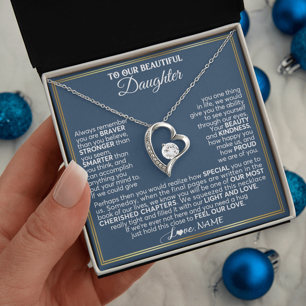 Forever Love Necklace 14K White Gold Finish | 2 | Personalized To Our Beautiful Daughter Necklace From Mom Dad Always Remember Daughter Birthday Graduation Christmas Customized Gift Box Message Card | https://teecentury.